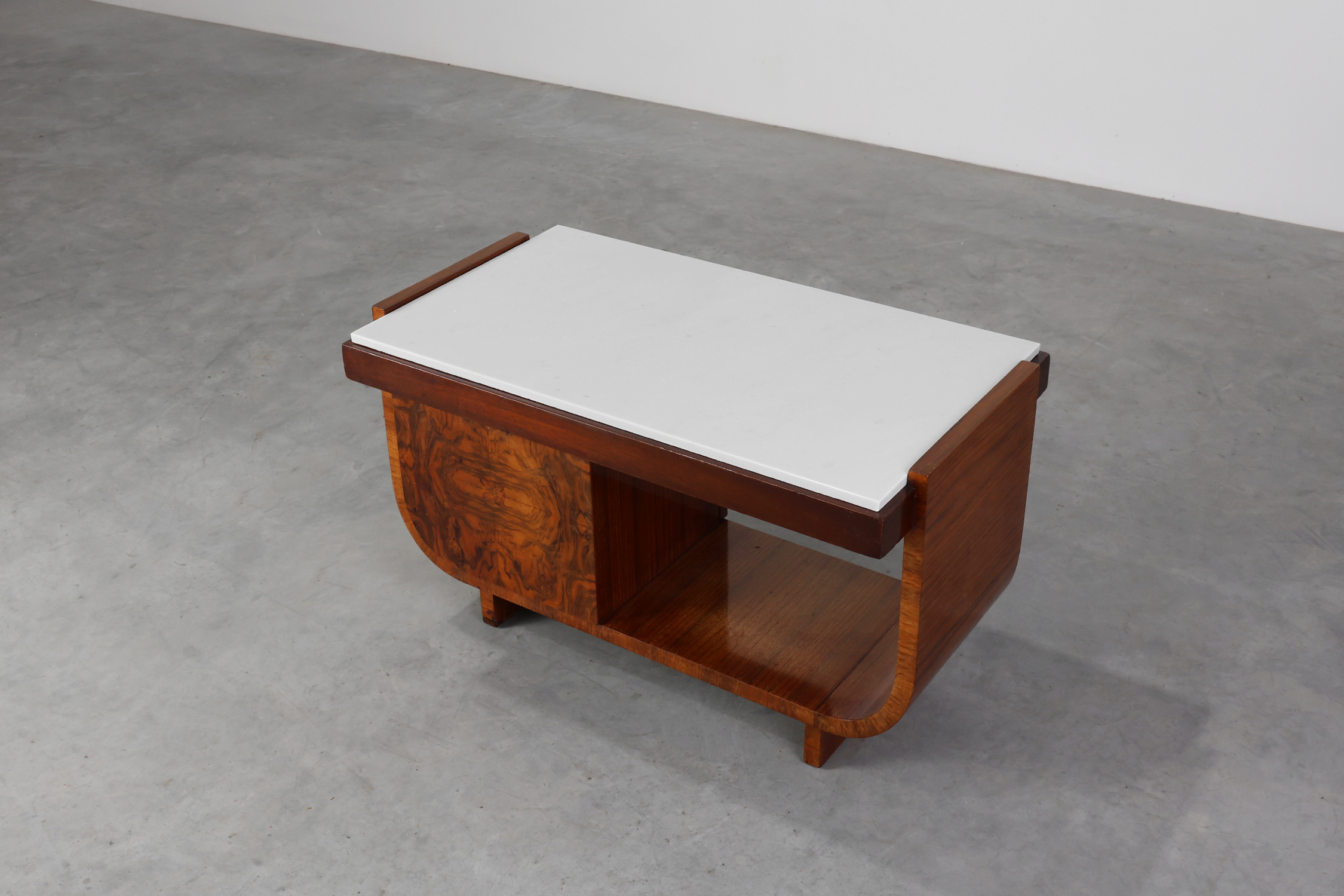 Belgian Art Deco Cabinet in Burl Veneer with Marble and Glass, circa 1930thumbnail